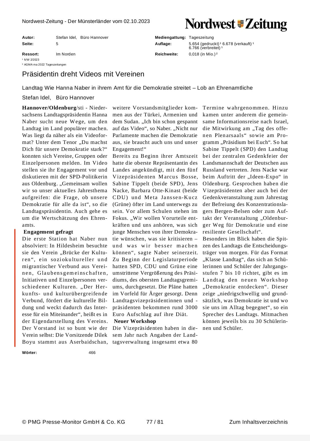 Zeitungsartikel aus der Nordwest Zeitung vom 02.10.2023