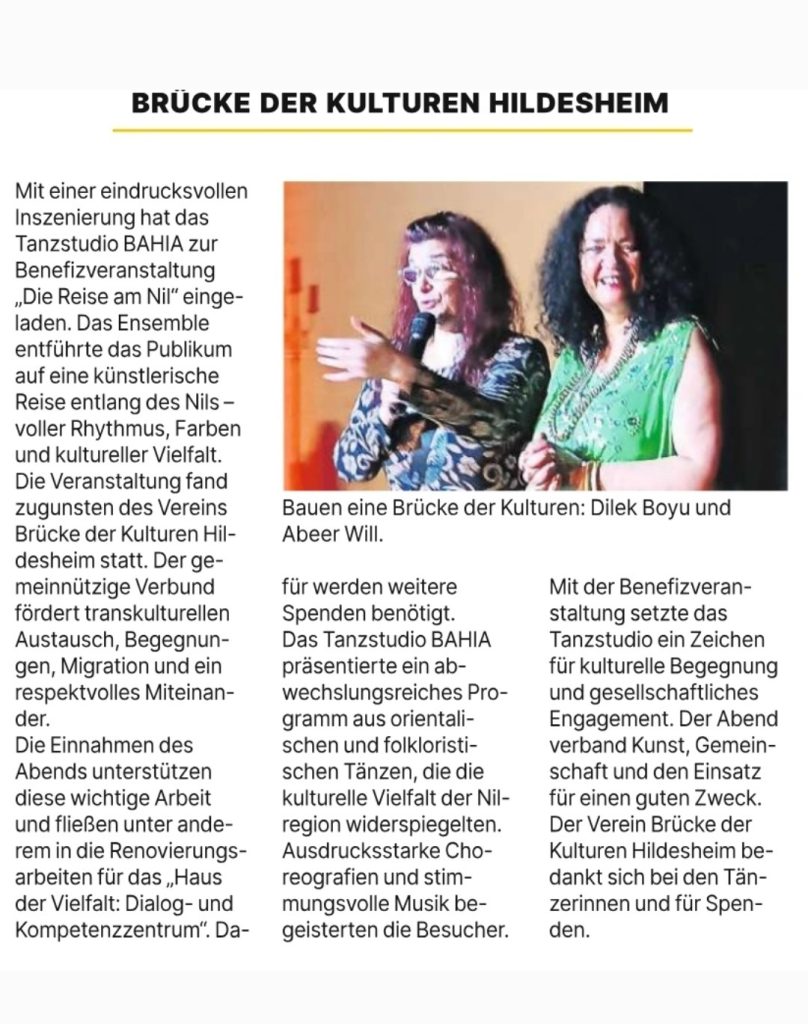 Zeitungsartikel vom 01.04.2026 zur Benifitzveranstaltung "Die Reise am Nil" im Tanzstudio BAHIA.