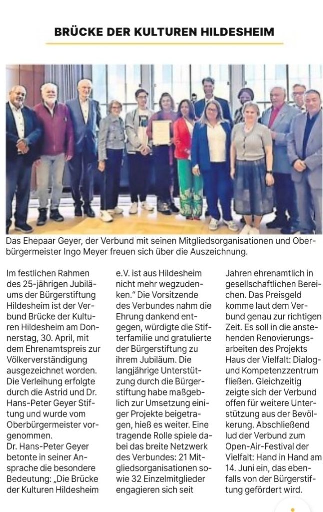 Presseartikel der HiAZ zur vergabe des Ehrenamtpreises der Bürgerstiftung Hildesheim